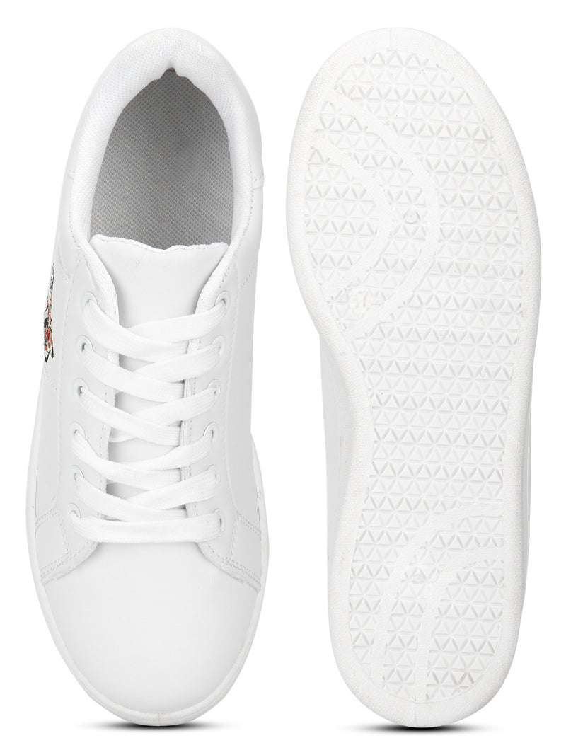 White PU Tiger Detail Lace-Up Sneakers