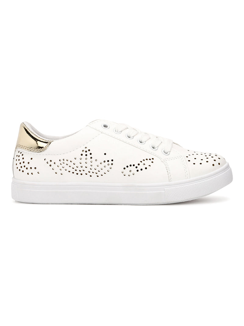 White-Golden PU Textured Lace-Up Sneakers