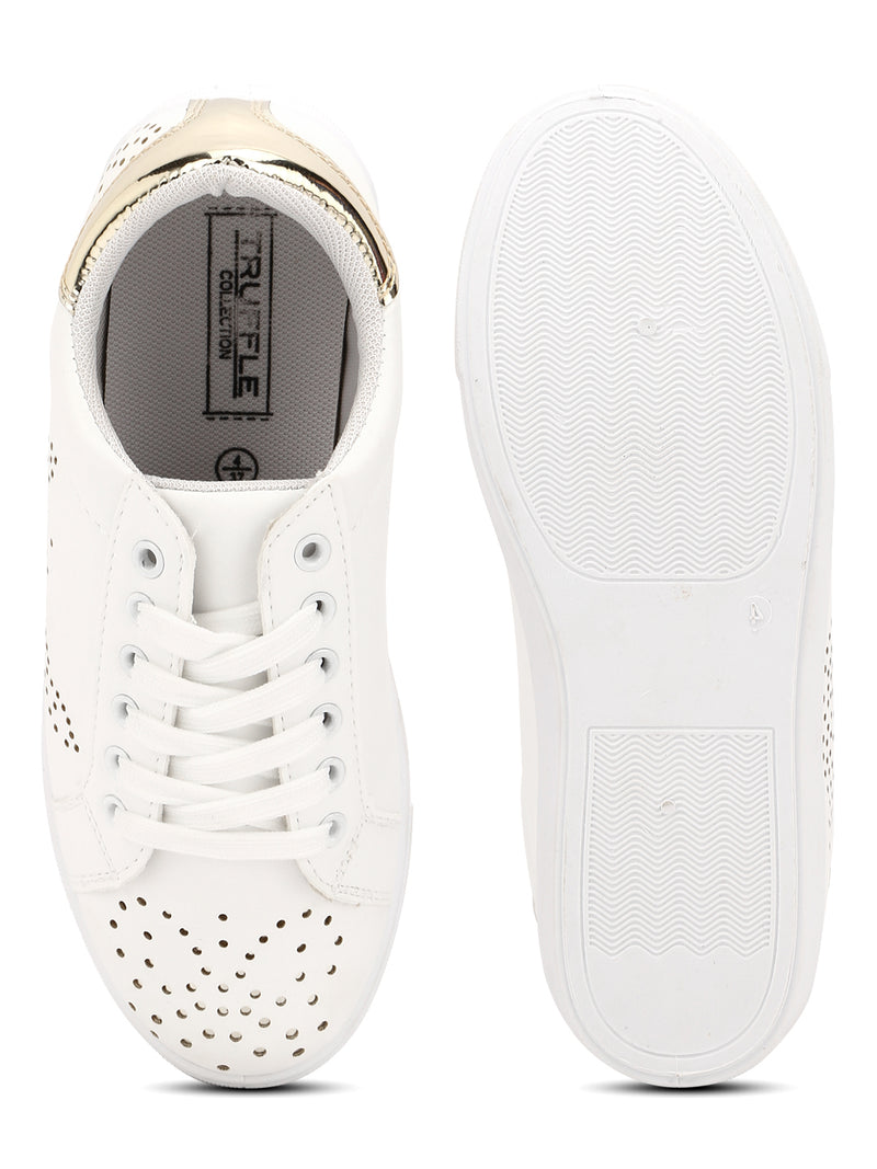 White-Golden PU Textured Lace-Up Sneakers