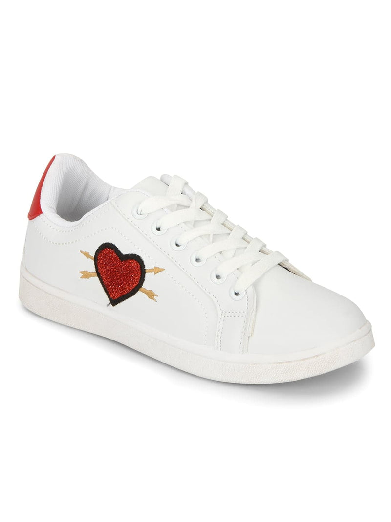 White PU Red Heart Detail Lace-up Sneakers