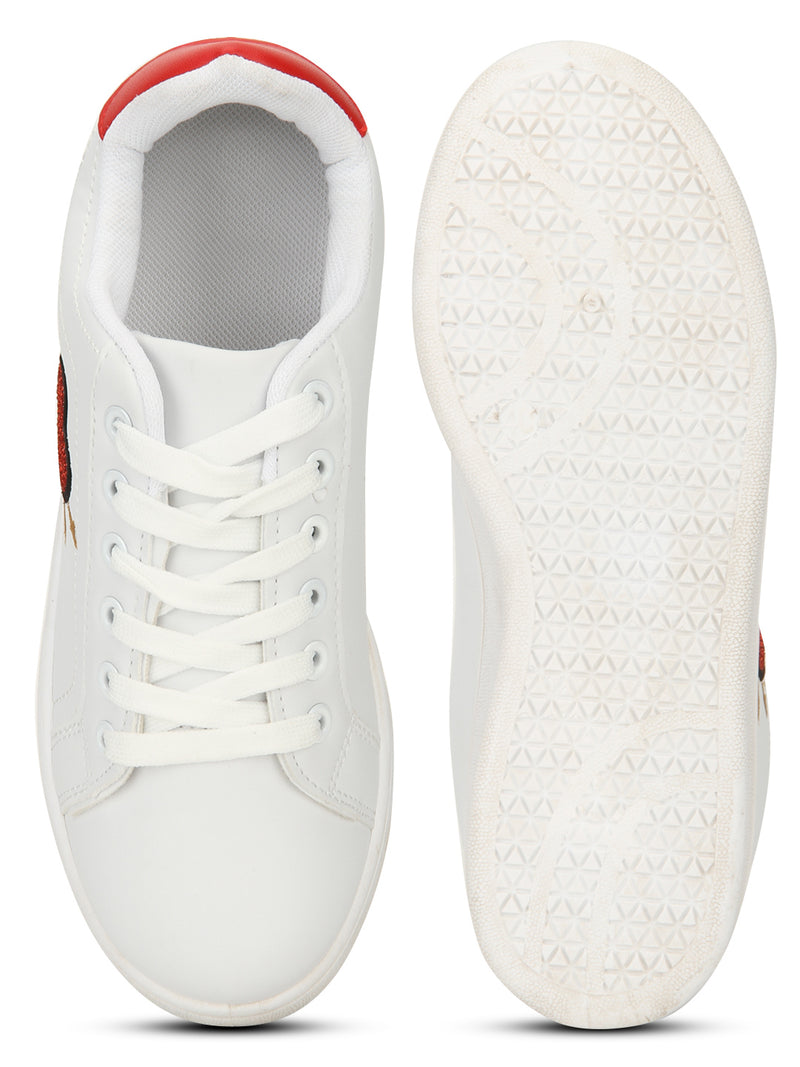 White PU Red Heart Detail Lace-up Sneakers