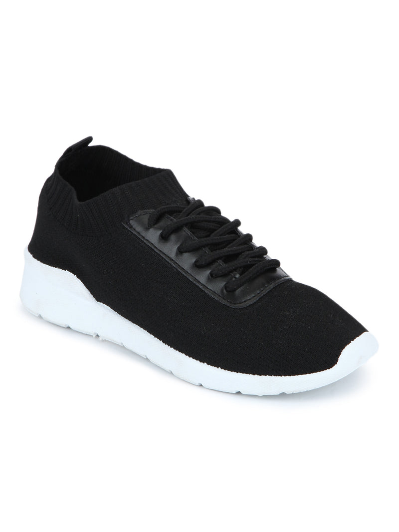 Black PU Knit Cleated Lace-Up Sneakers