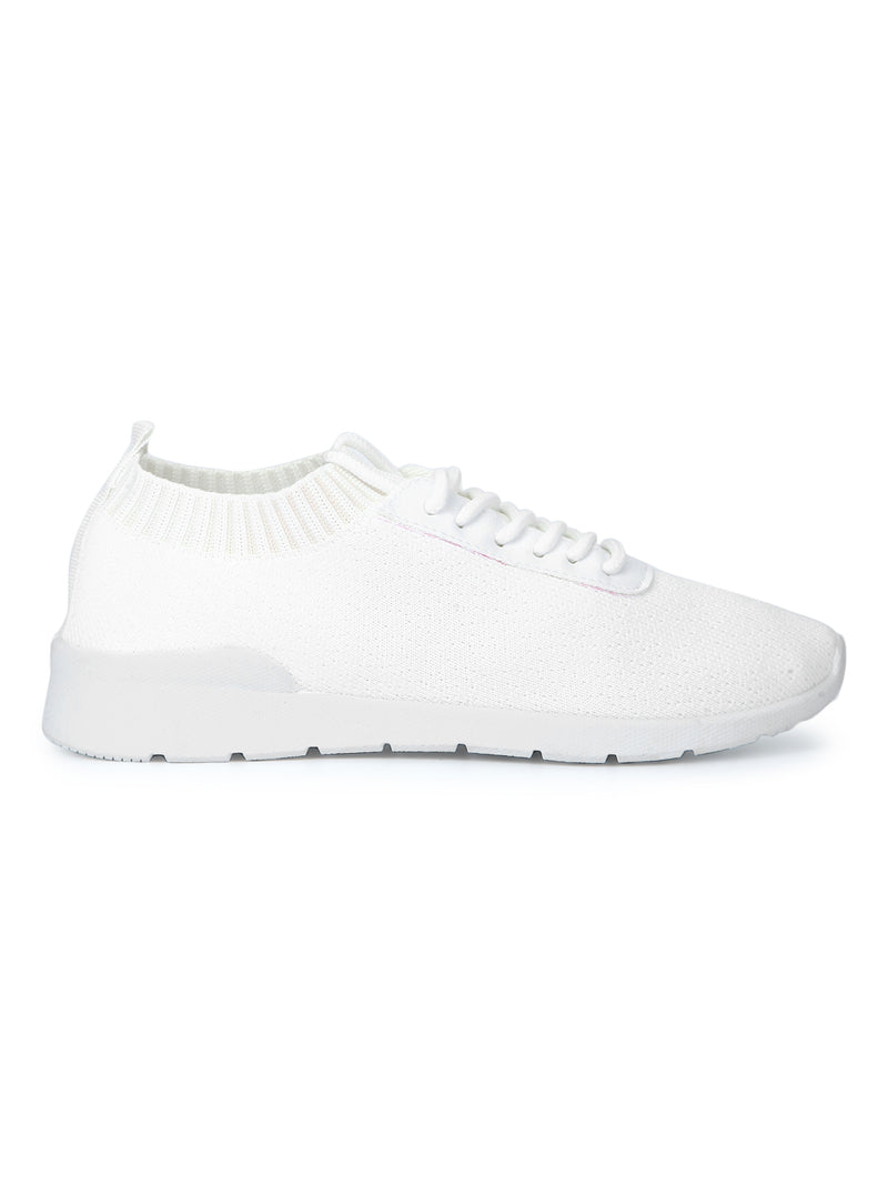 White PU Knit Cleated Lace-Up Sneakers