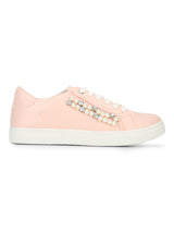 Blush PU Pearl Detail Lace-Up Sneakers