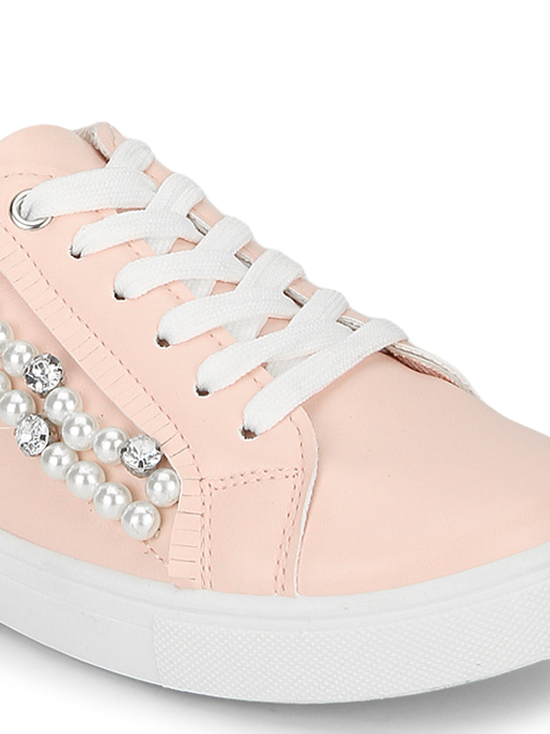 Blush PU Pearl Detail Lace-Up Sneakers