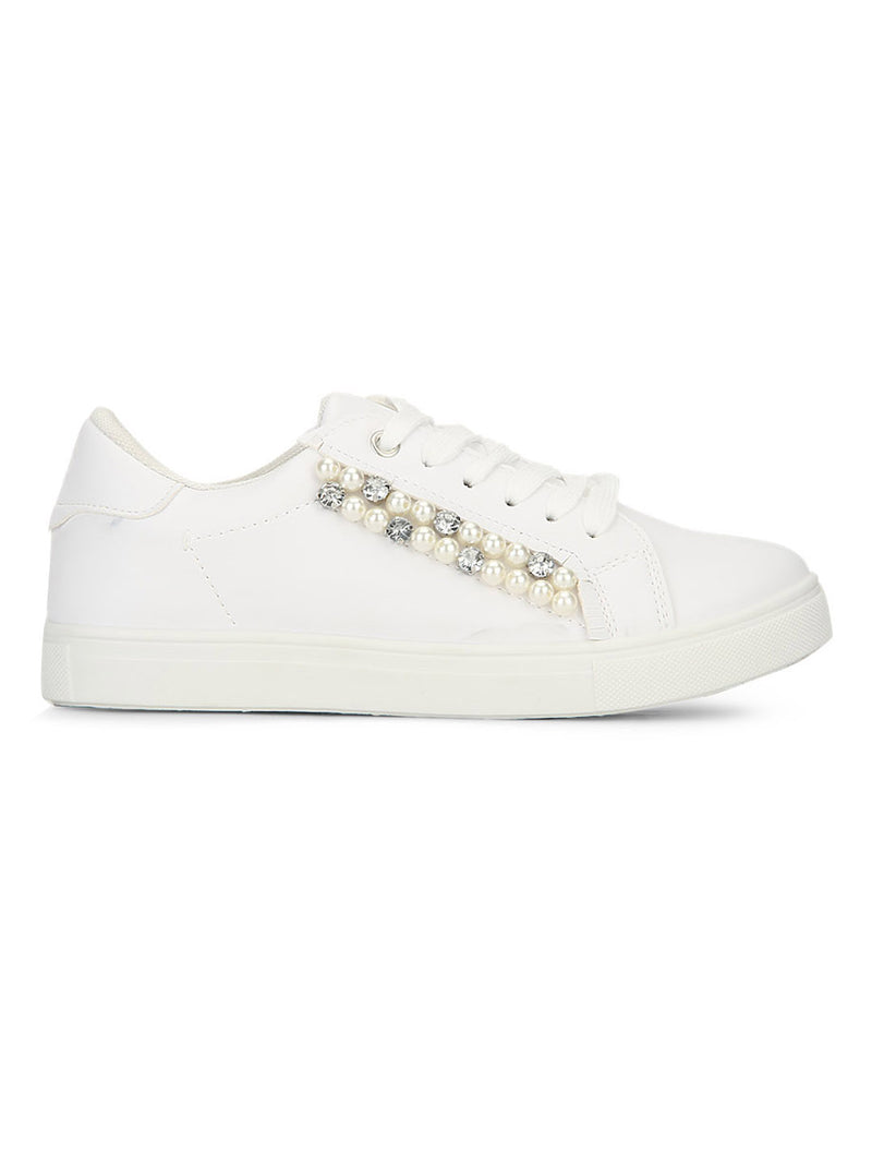 White PU Pearl Detail Lace-Up Sneakers