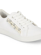 White PU Pearl Detail Lace-Up Sneakers