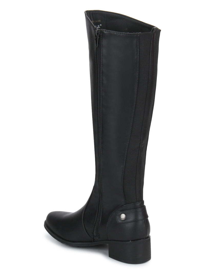 Black PU Minimal Heel Calf Length Long Boots