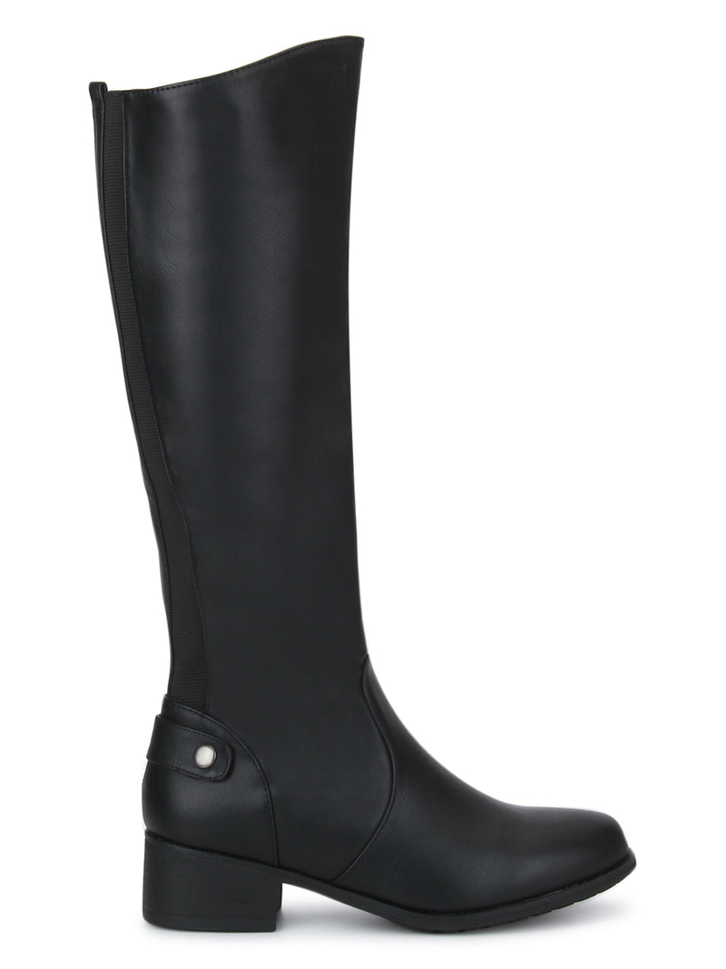 Black PU Minimal Heel Calf Length Long Boots
