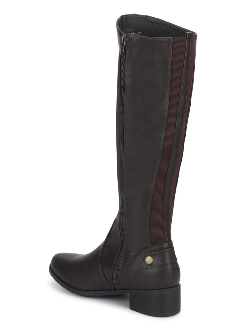 Brown PU Minimal Heel Calf Length Long Boots