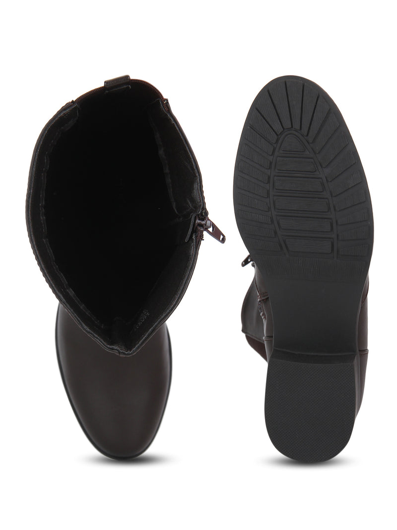 Brown PU Minimal Heel Calf Length Long Boots