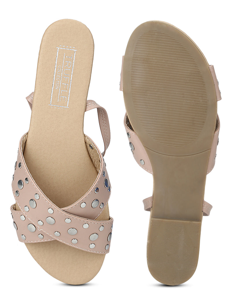 Nude Lace-up Studded Flats
