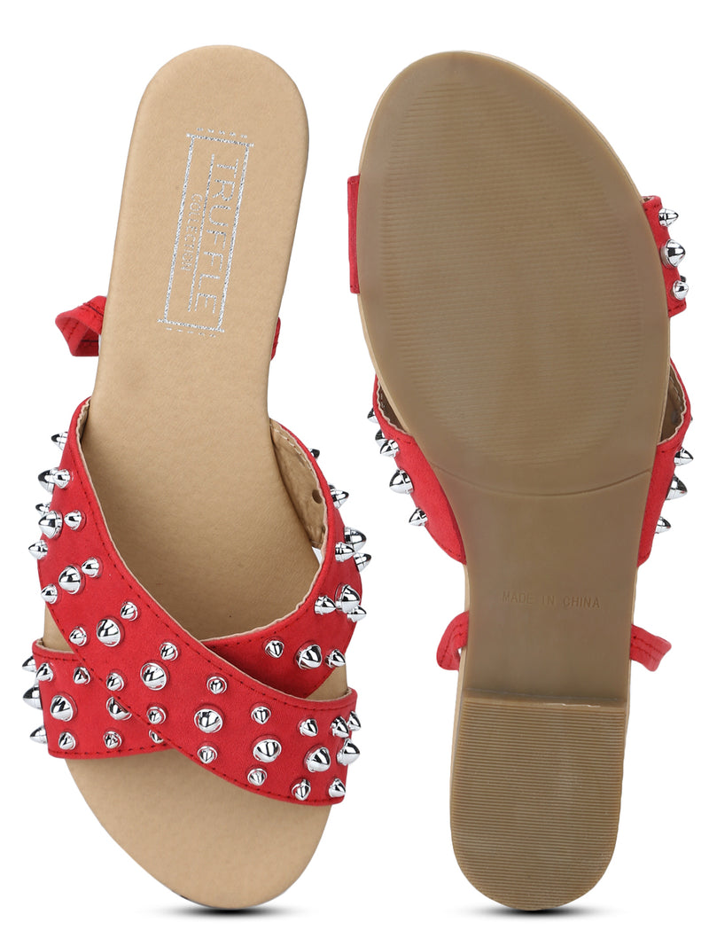 Red Micro Studded Lace-up Flats
