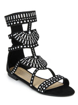 Black Micro Studded Ankle Strap Flat Sandals