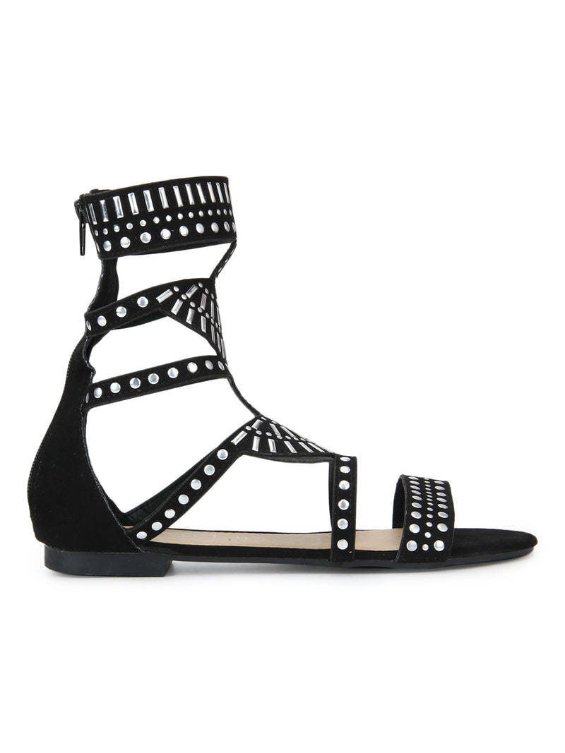 Black Micro Studded Ankle Strap Flat Sandals