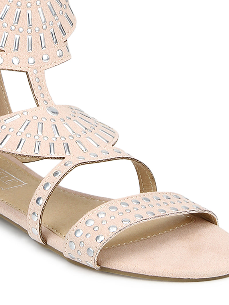 Nude Micro Studded Ankle Strap Flat Sandals