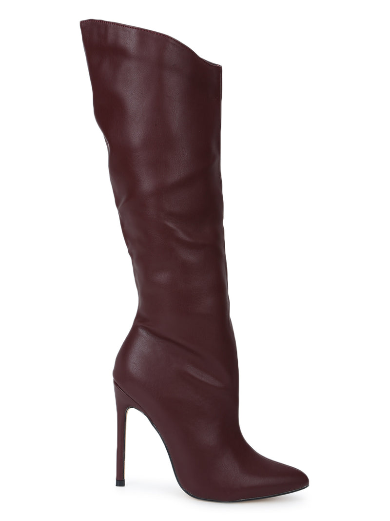Burgundy PU Stiletto Calf Length Long Boots