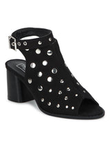 Black Microfibre Studded Ankle Strap Peep Toe Block Heels