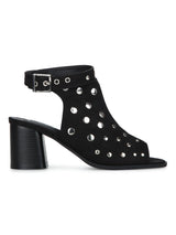 Black Microfibre Studded Ankle Strap Peep Toe Block Heels