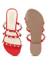 Red Strappy Studded Slip-On Flats