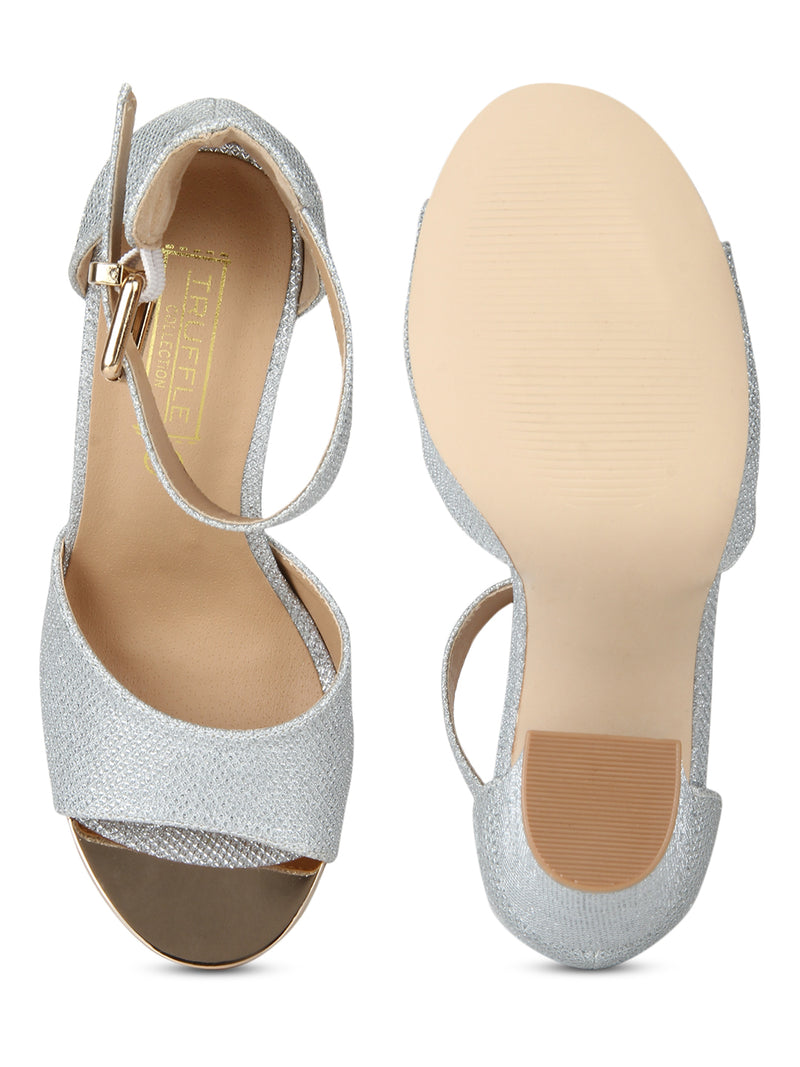 Silver Shimmer Ankle Strap Block Heels