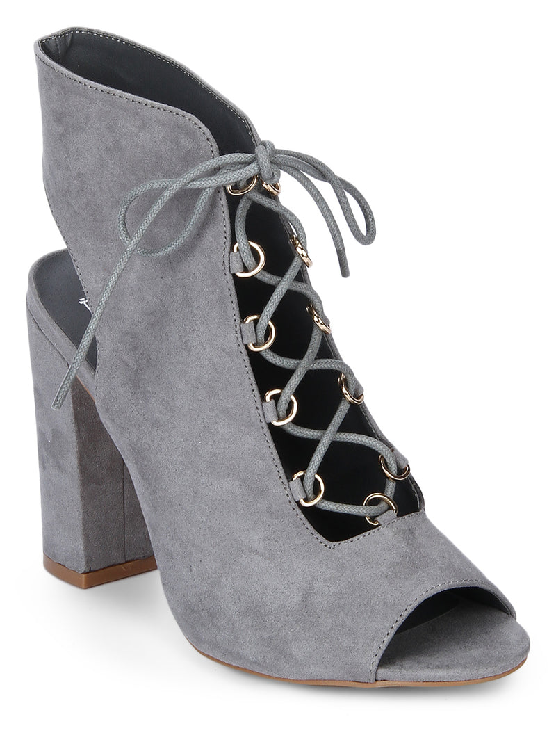 Grey Peep Toe Lace Block Heels