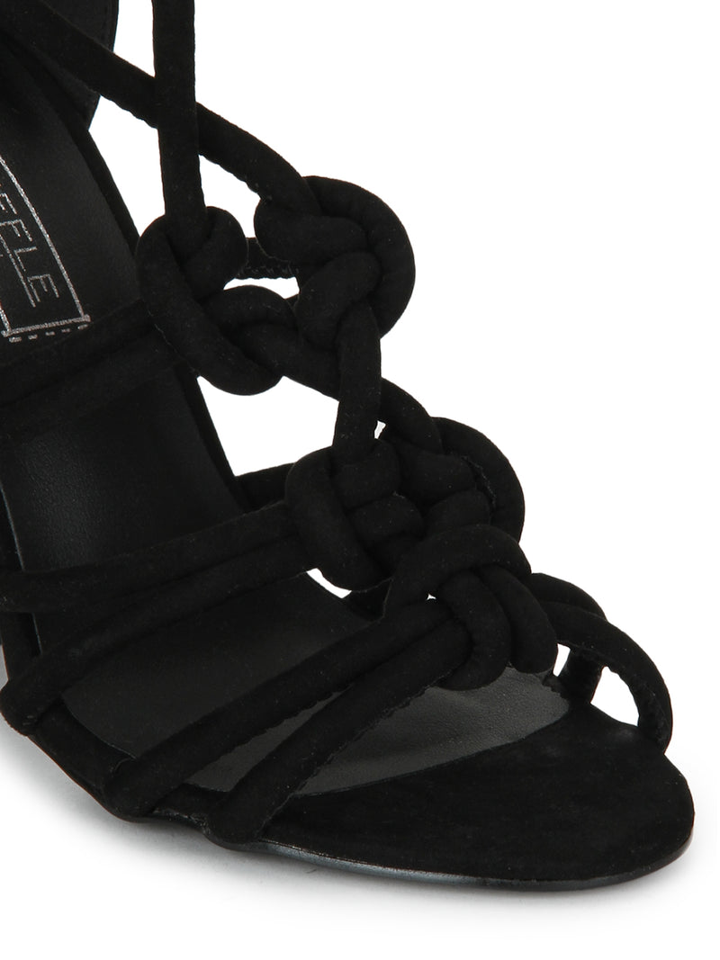 Black Microfibre Knot Strapped Lace-Up Block Heels