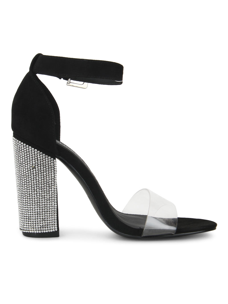 Black Microfibre Perspex Diamante Block Heels