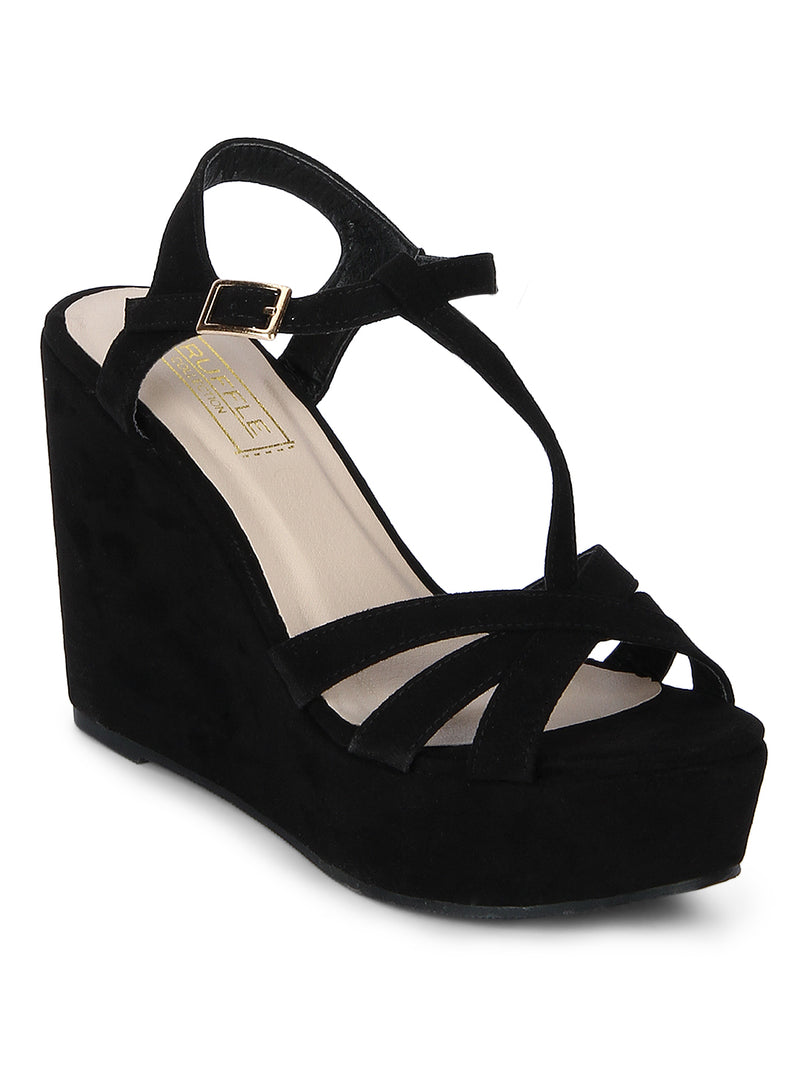 Black Strappy Peep Toe Ankle Strap Wedges