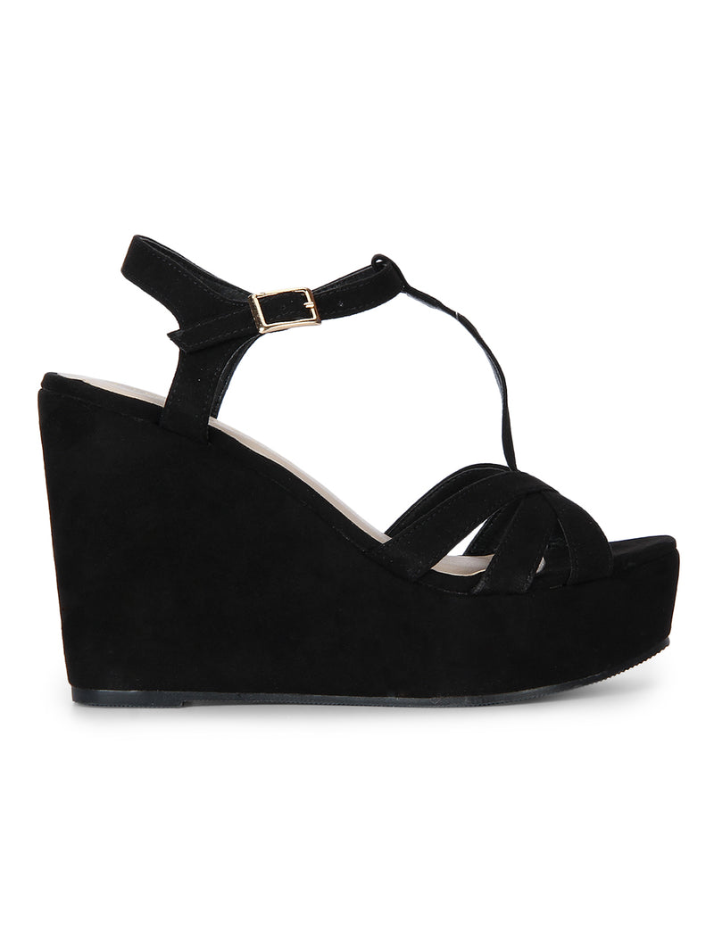 Black Strappy Peep Toe Ankle Strap Wedges