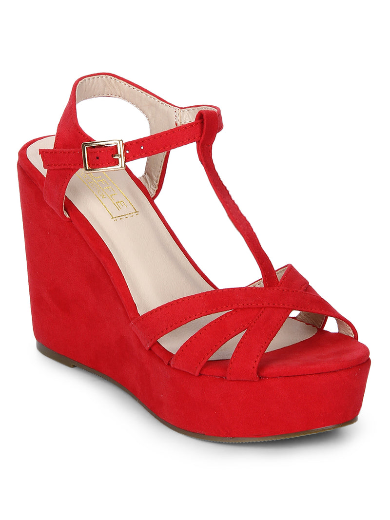 Red Strappy Peep Toe Ankle Strap Wedges