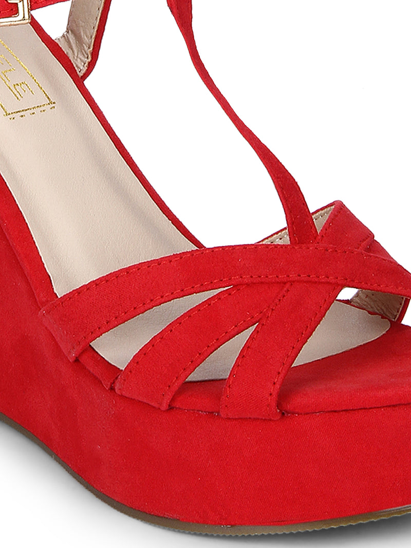 Red Strappy Peep Toe Ankle Strap Wedges