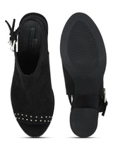 Black Microfibre Studded Back Strap Peep Toe Block Heels