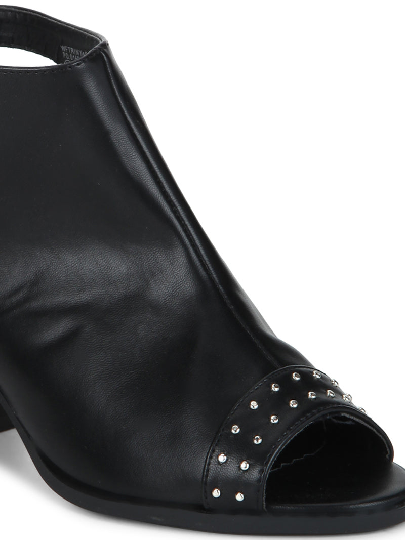 Black PU Studded Back Strap Peep Toe Block Heels