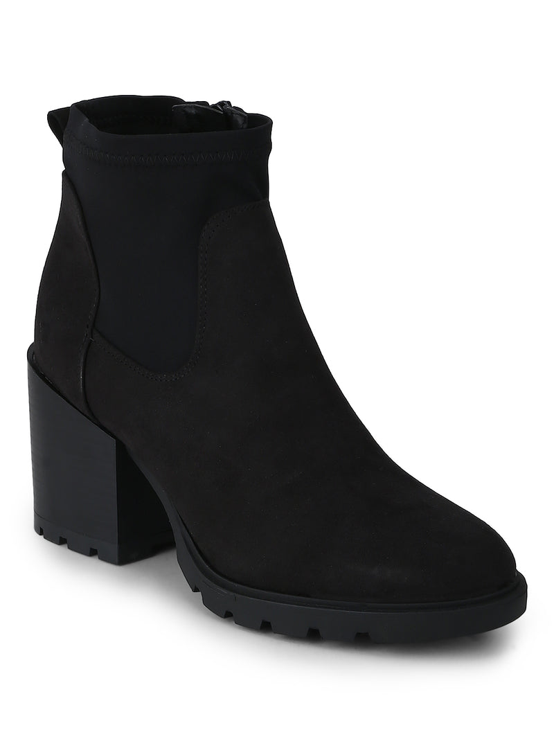 Black Micro Double Shade Low Block Heel Ankle Length Boots