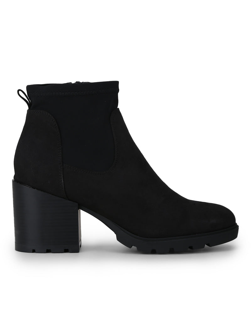 Black Micro Double Shade Low Block Heel Ankle Length Boots