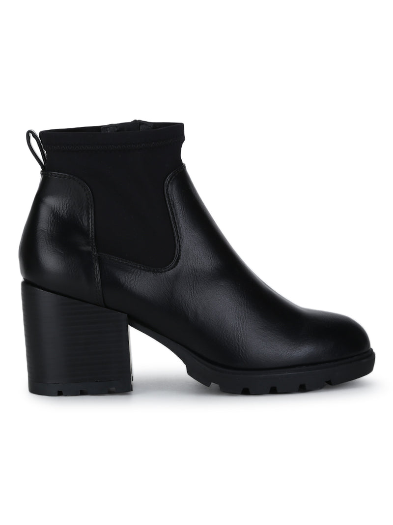Black PU Double Shade Low Block Heel Ankle Length Boots