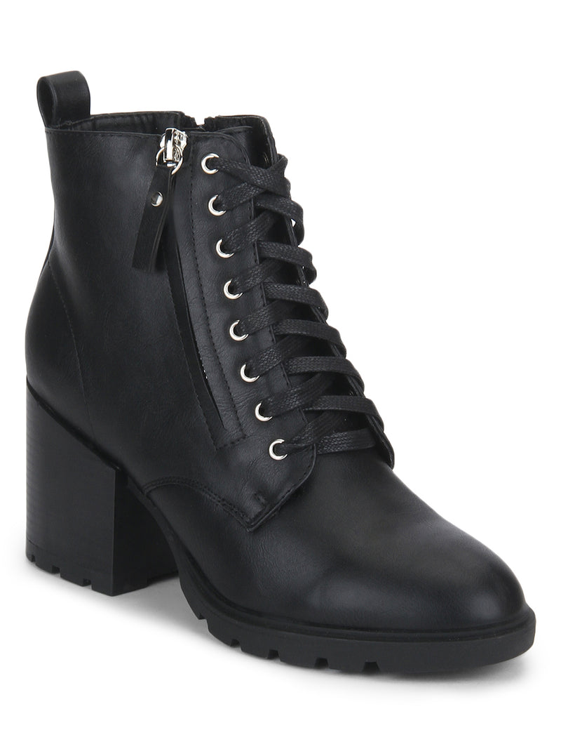 Black PU Lace-Up Zipper Block Heel Ankle Length Boots