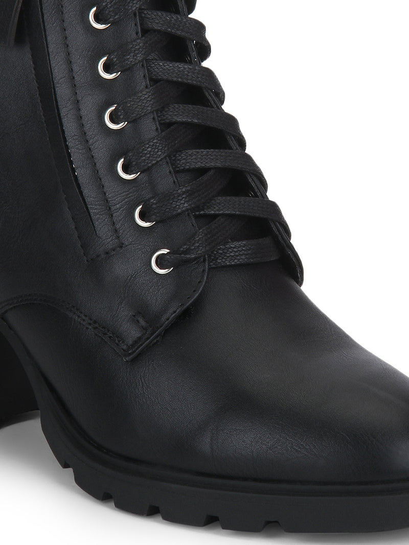 Black PU Lace-Up Zipper Block Heel Ankle Length Boots