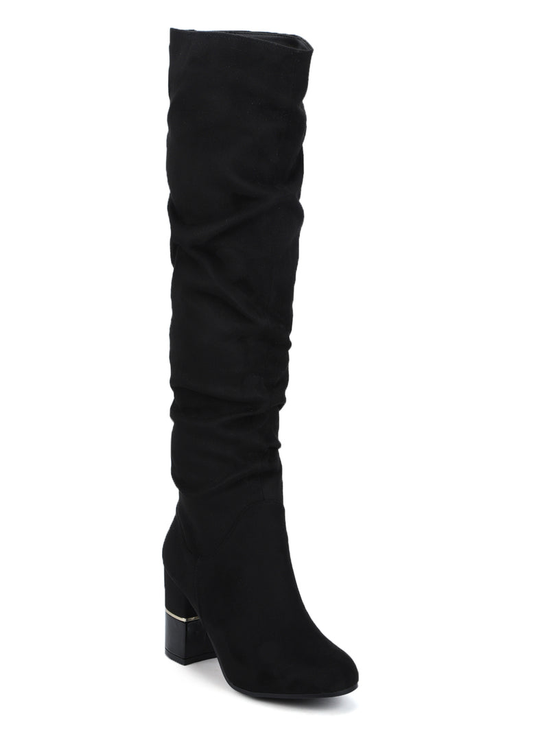 Black Micro Slouched Block Heel Long Boots