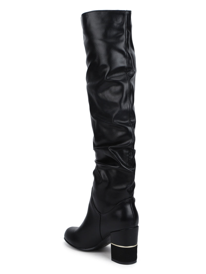 Black PU Slouched Block Heel Long Boots