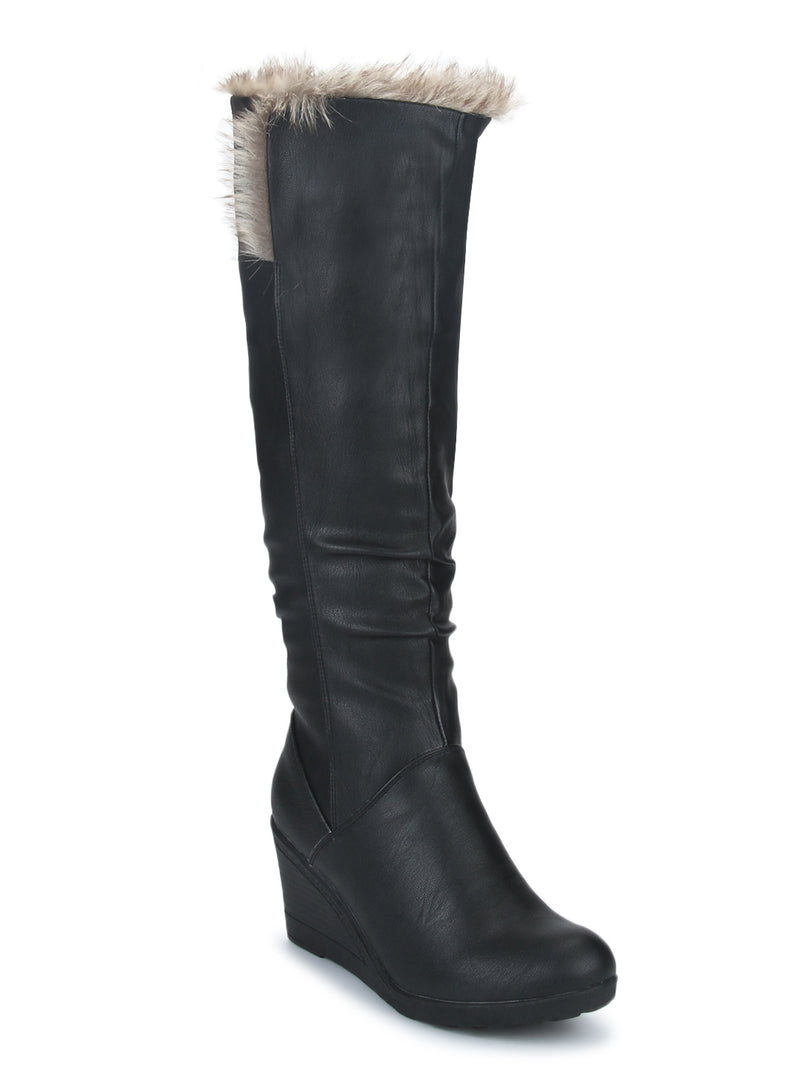 Black Nubuck Fur Down Collar Mid Calf Long Boots