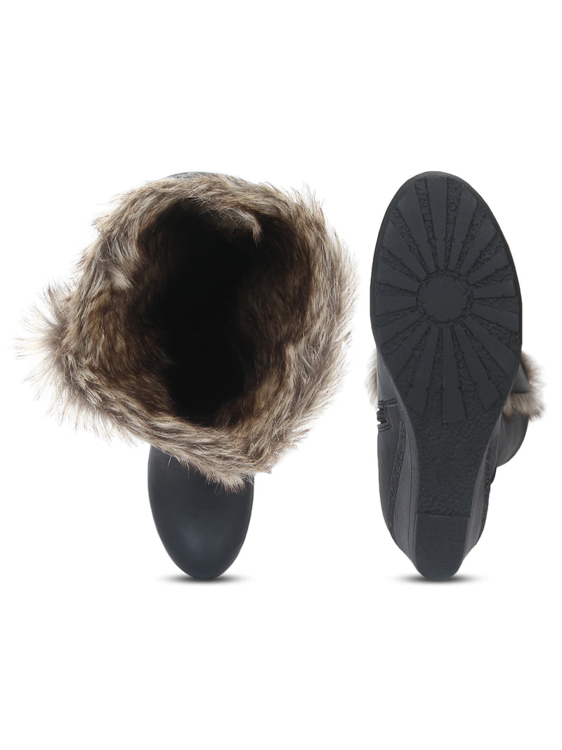 Black Nubuck Fur Down Collar Mid Calf Long Boots