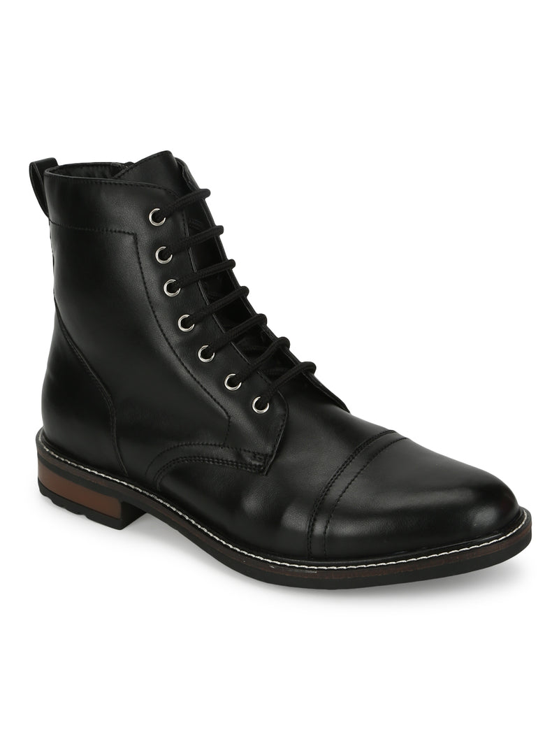Black PU Lace Up High Ankle Men's Boots