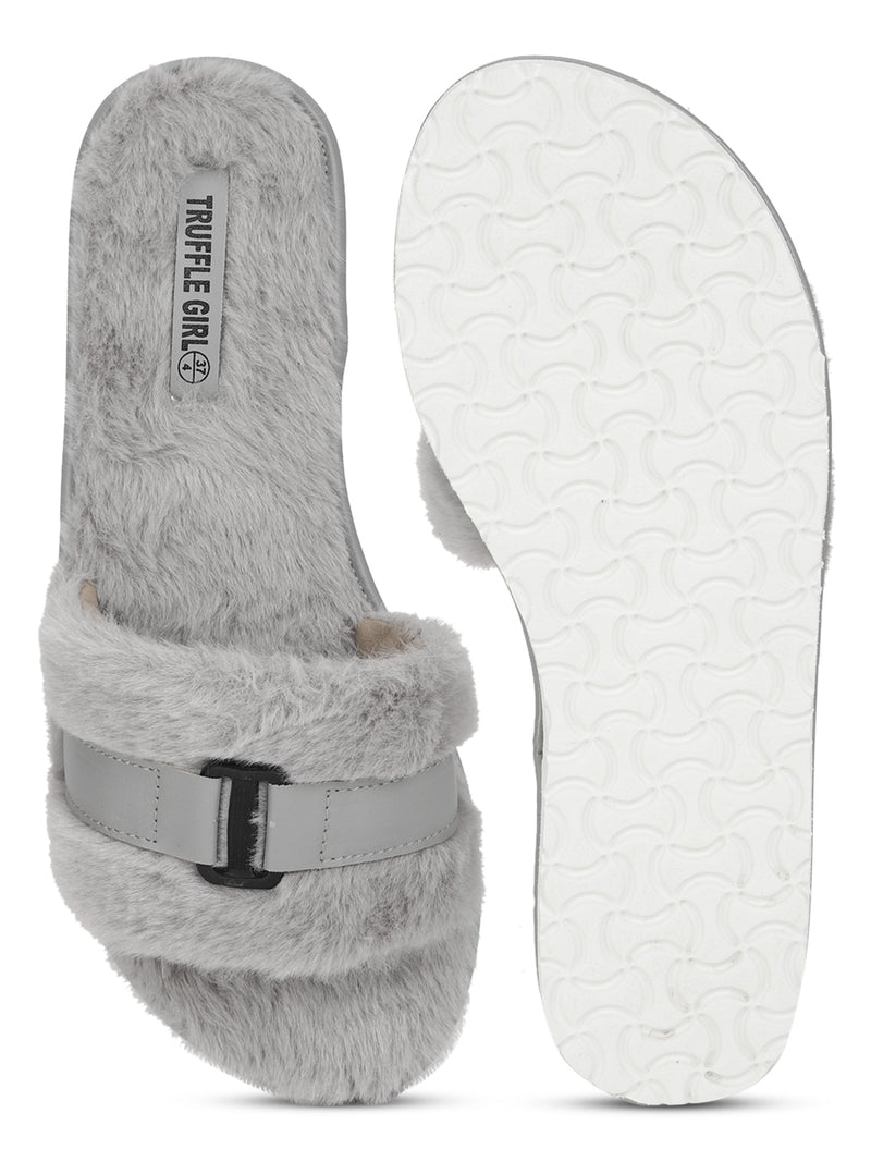 Grey Fuzzy Fur Slip Ons With Buckle (TC-ST-1167-GRY)