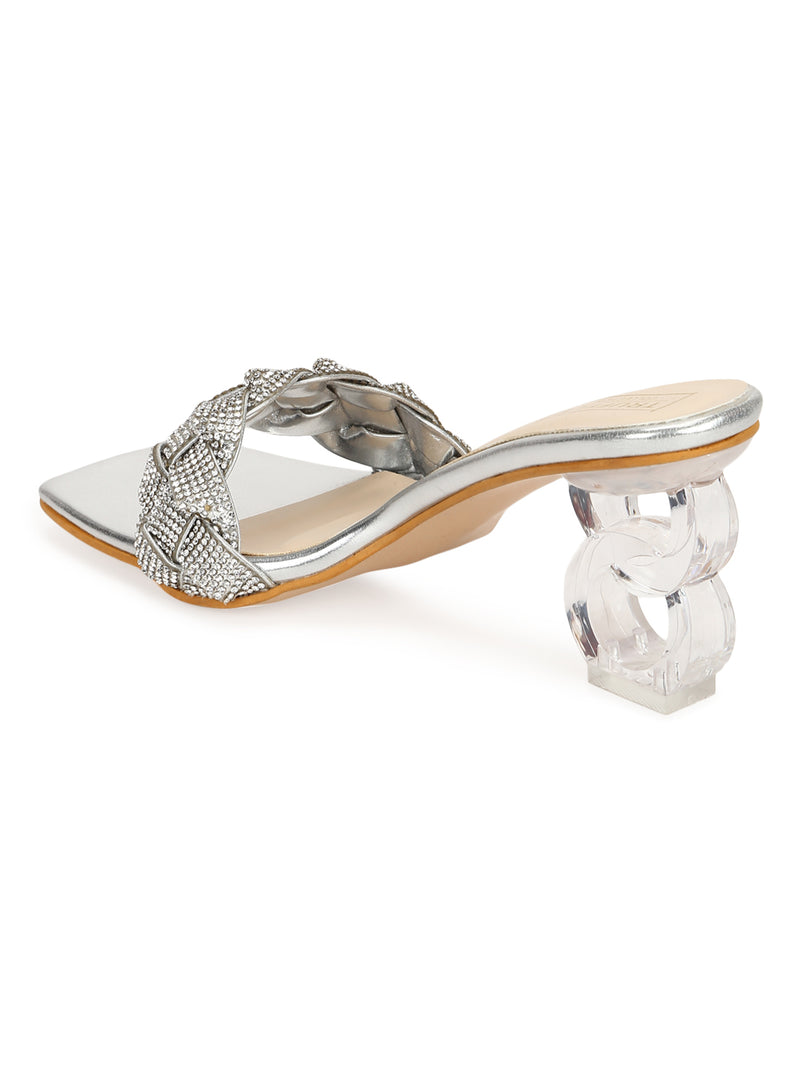 Silver Diamante PU Clear Heel Mules (TC-SLC-V80-SIL)