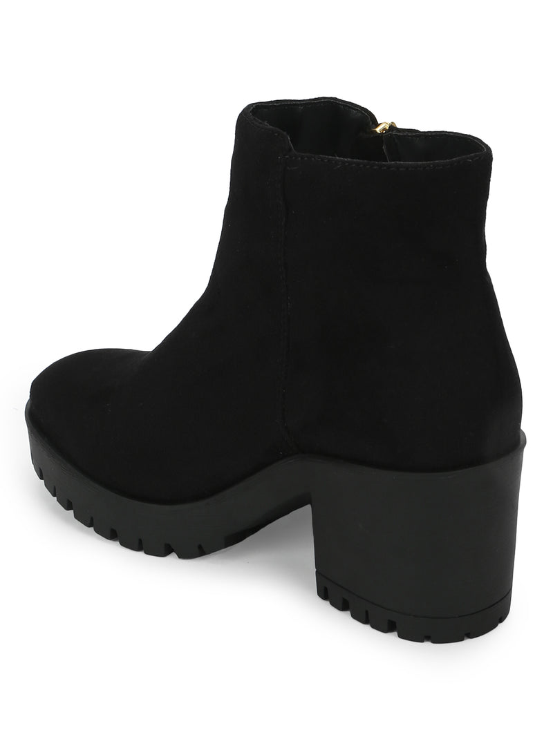 Black Suede Zip Up Block Heel Ankle Boots (TC-ST-1200-BLKSUE)