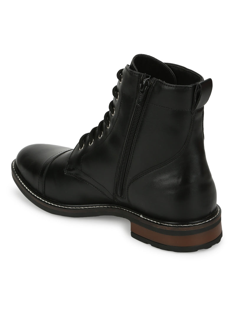 Black PU Lace Up High Ankle Men's Boots