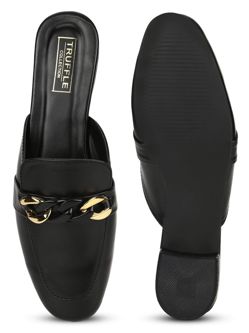 Black PU Kitten Heel Wide Chain Loafers (TC-SLC-C-6-BLK)