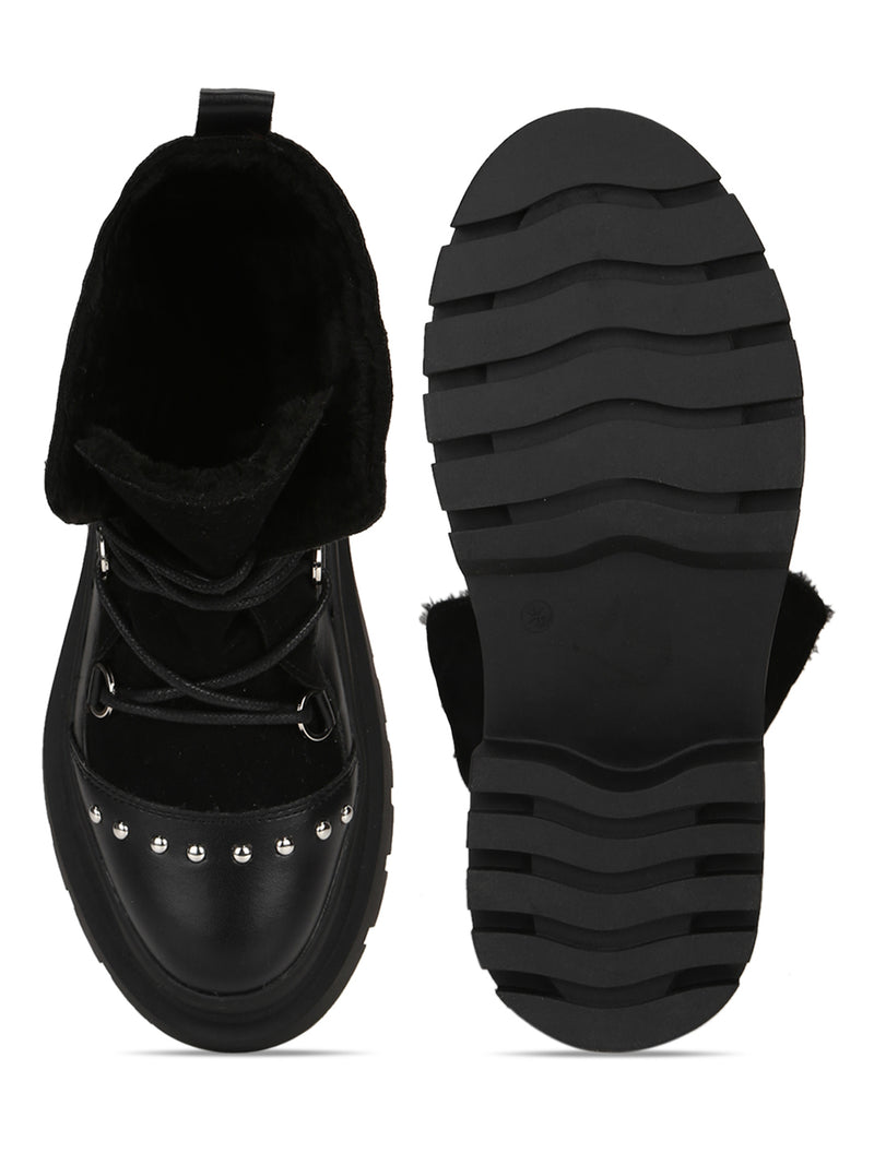 Black PU Lace Up Snow Fur Boots